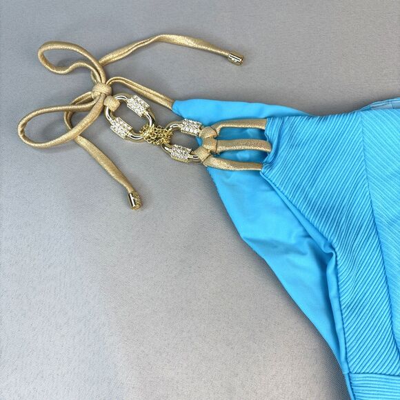 Beach Bunny Bikini Bottom XL Madagascar Glam Tie Carribean Blue Gold Rhinestones - Picture 14 of 16